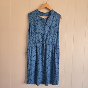 Loft Casual Dress Lightweight Sleeveless Cinched Waist Teal Blue Black Print L